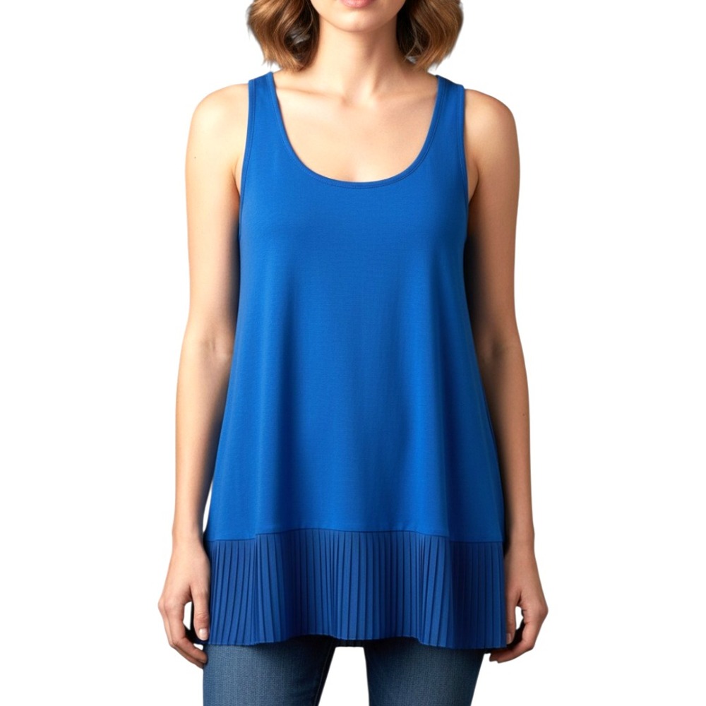 UMGEE Royal Blue Knit TANK TOP TUNIC Pleated Chiffon Hem Plisse RACERBACK sz S